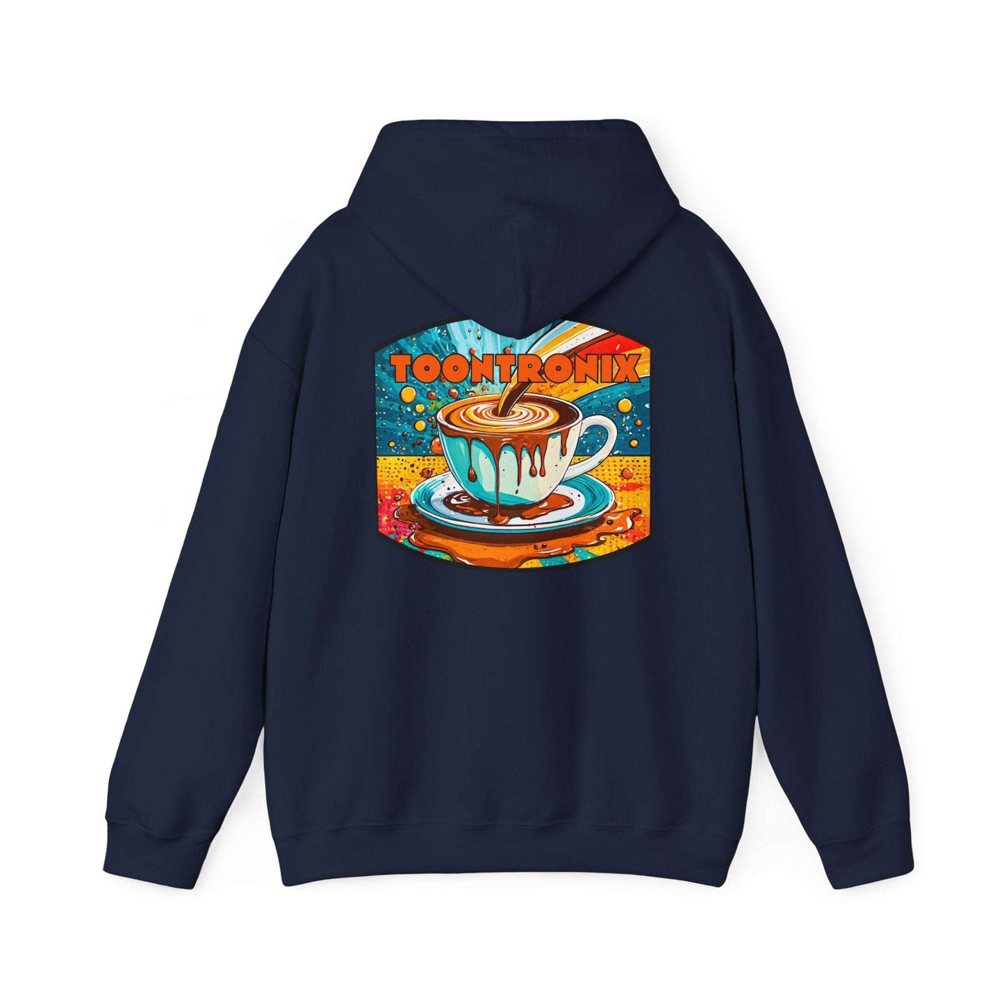 Unisex Toontronix Coffee Drip Hoodie with colorful coffee cup design on back.