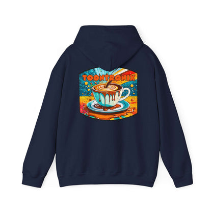 Unisex Toontronix Coffee Drip Hoodie with colorful coffee cup design on back.