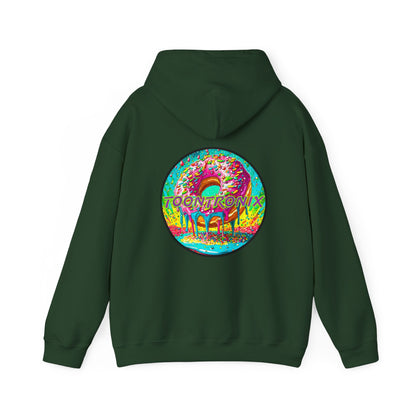 Unisex Toontronix Donut Hoodie with vibrant design, kangaroo pocket, and adjustable hood.