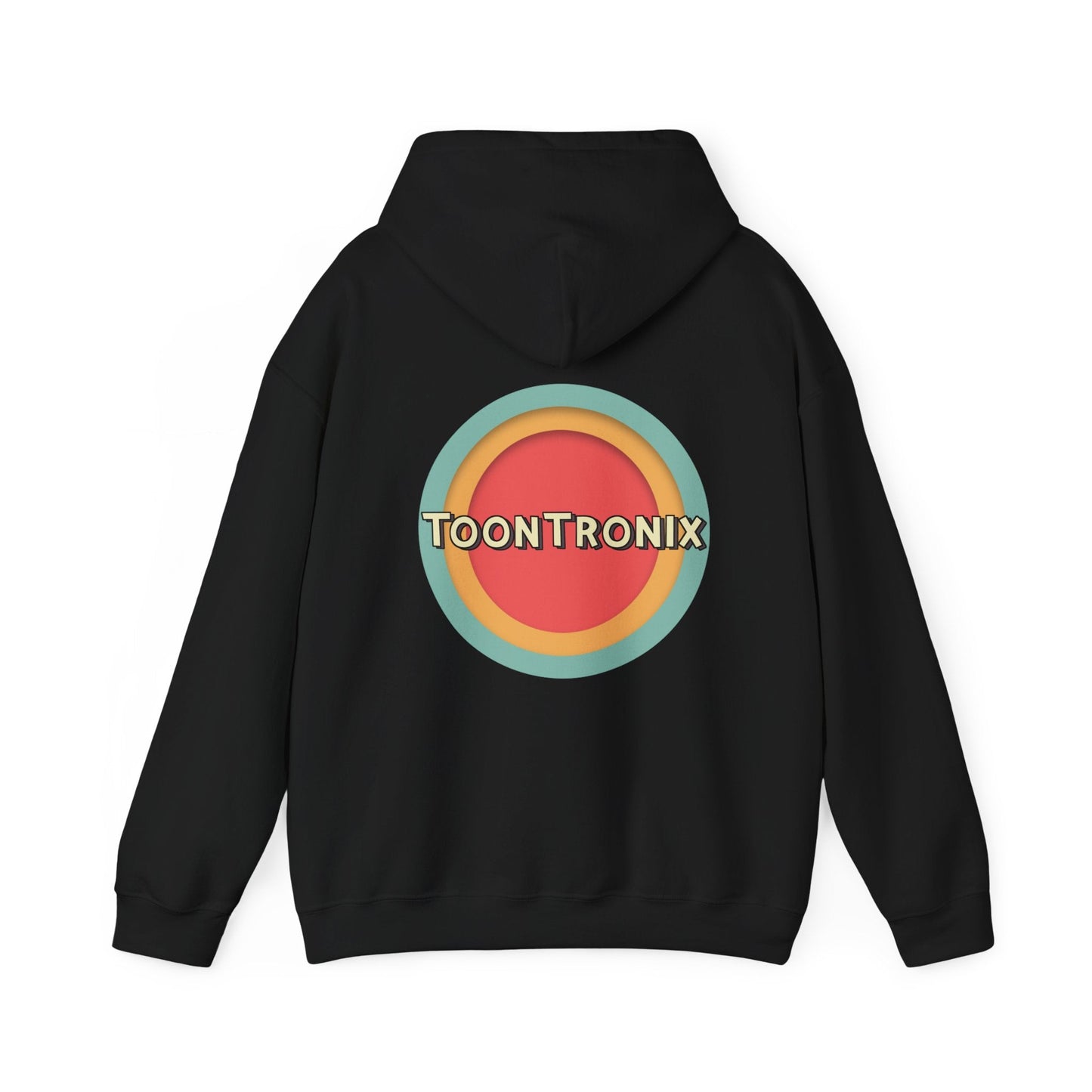 Unisex Toontronix Toons Logo Hoodie with kangaroo pocket and drawstring hood.