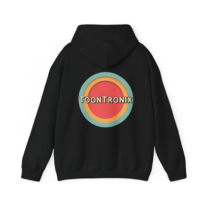 Unisex Toontronix Toons Logo Hoodie with kangaroo pocket and drawstring hood.