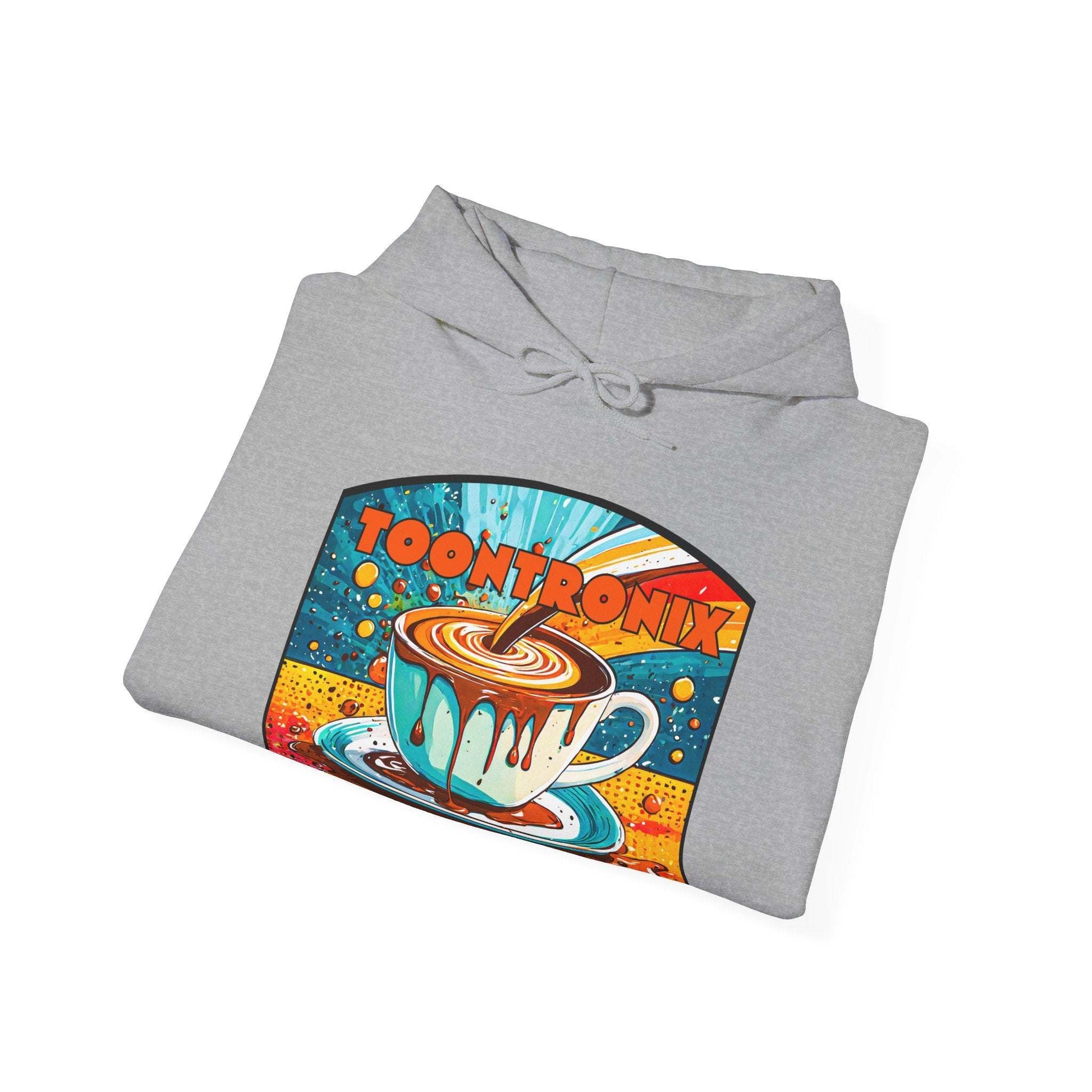 Toontronix Coffee Drip Hoodie, unisex sweatshirt with colorful mug print.