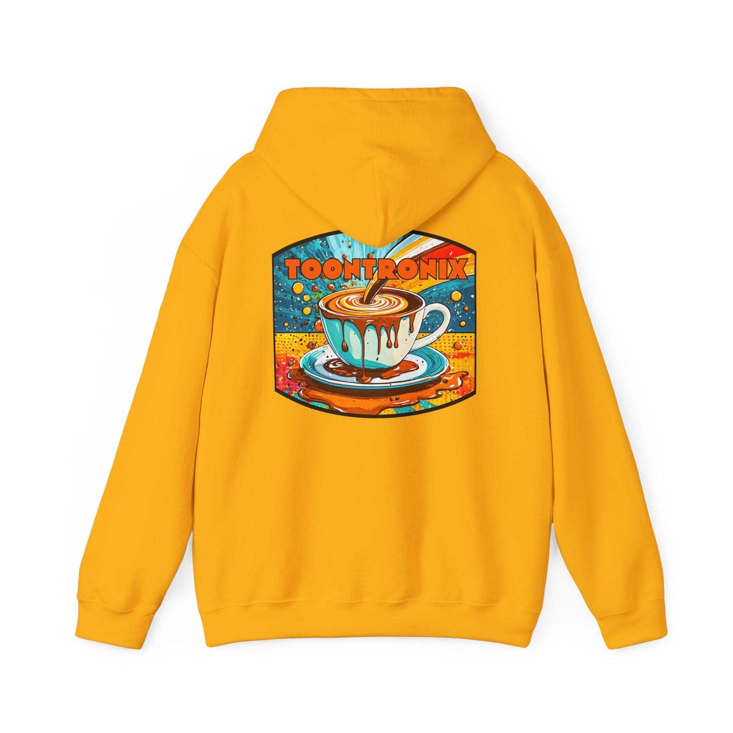 Unisex Toontronix Coffee Drip Hoodie with colorful graphic on back, featuring cozy kangaroo pocket and adjustable drawstring hood.