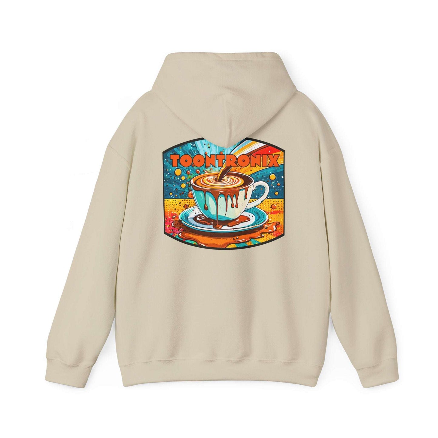 Unisex heavy blend hoodie with Toontronix coffee drip design, featuring a spacious kangaroo pocket and adjustable drawstring hood for comfortable casual wear.