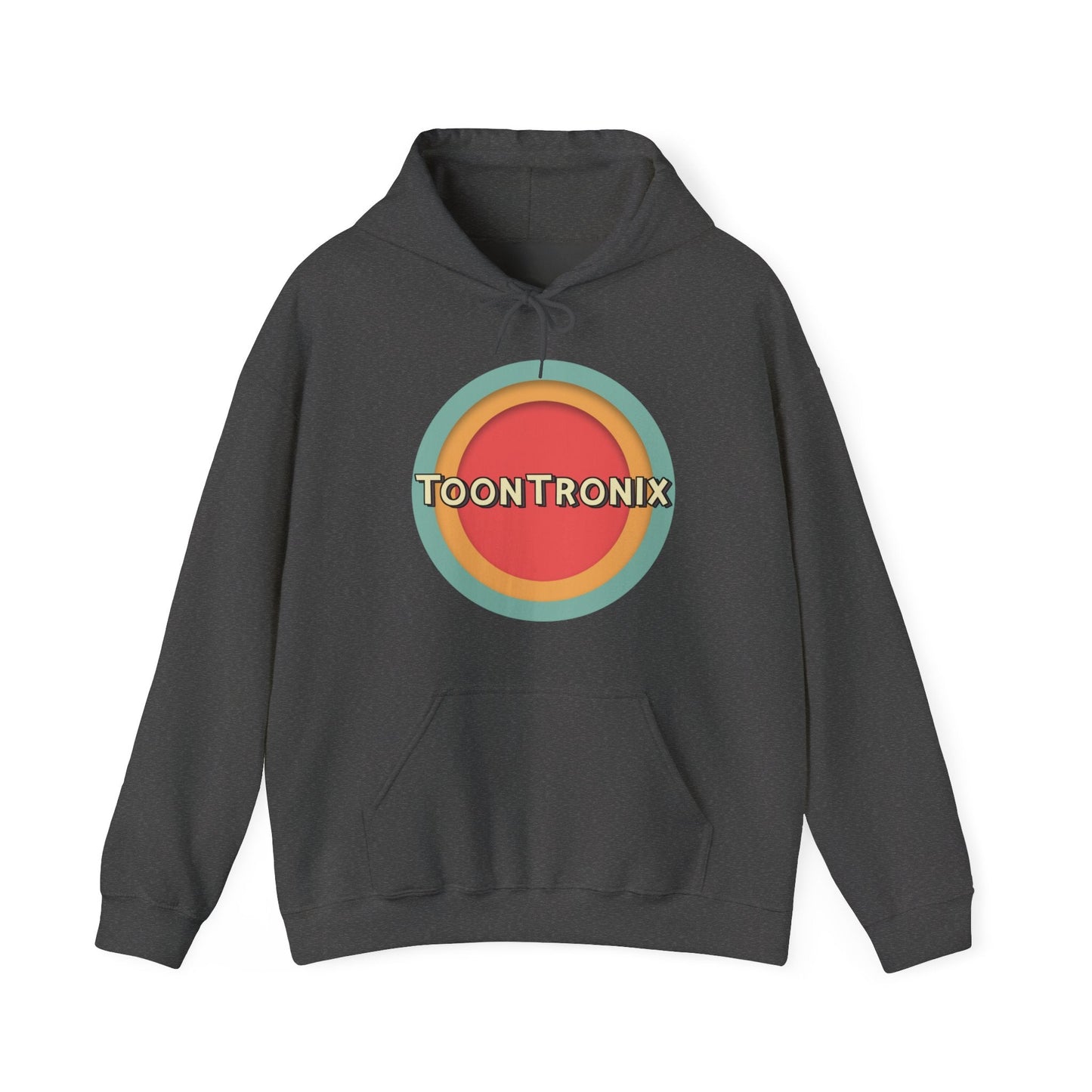 Unisex Toontronix Toons Logo Hoodie in dark gray with a colorful circular design on the front and an adjustable drawstring hood.