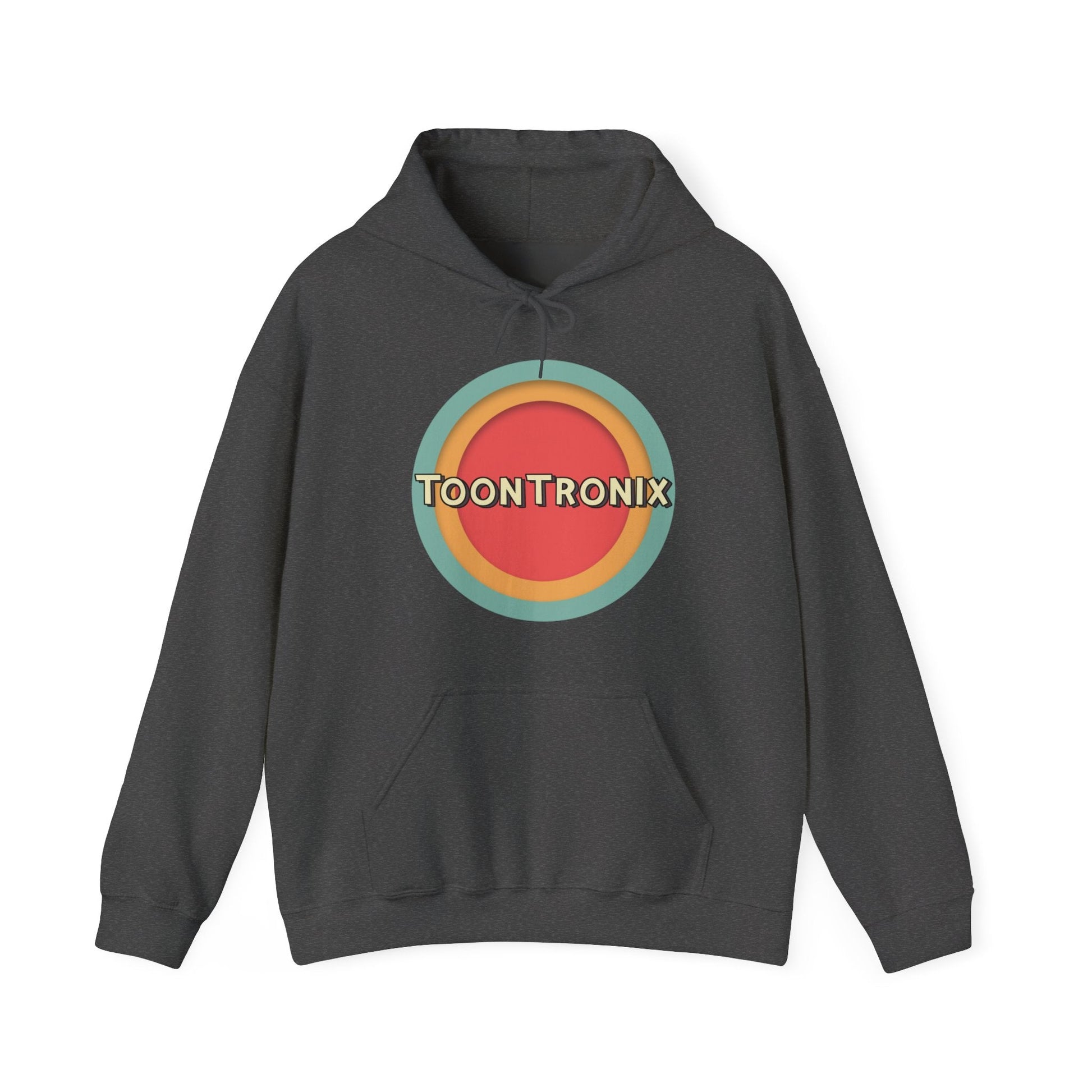 Unisex Toontronix Toons Logo Hoodie in dark gray with a colorful circular design on the front and an adjustable drawstring hood.