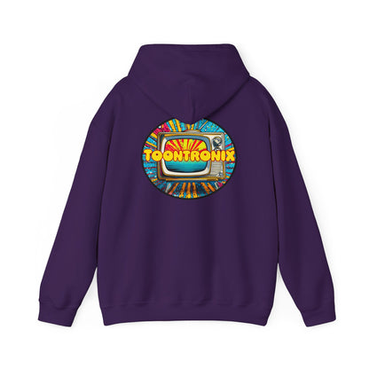 Unisex Toontronix Donut Hoodie with vibrant TV graphic, soft fabric, and kangaroo pocket.