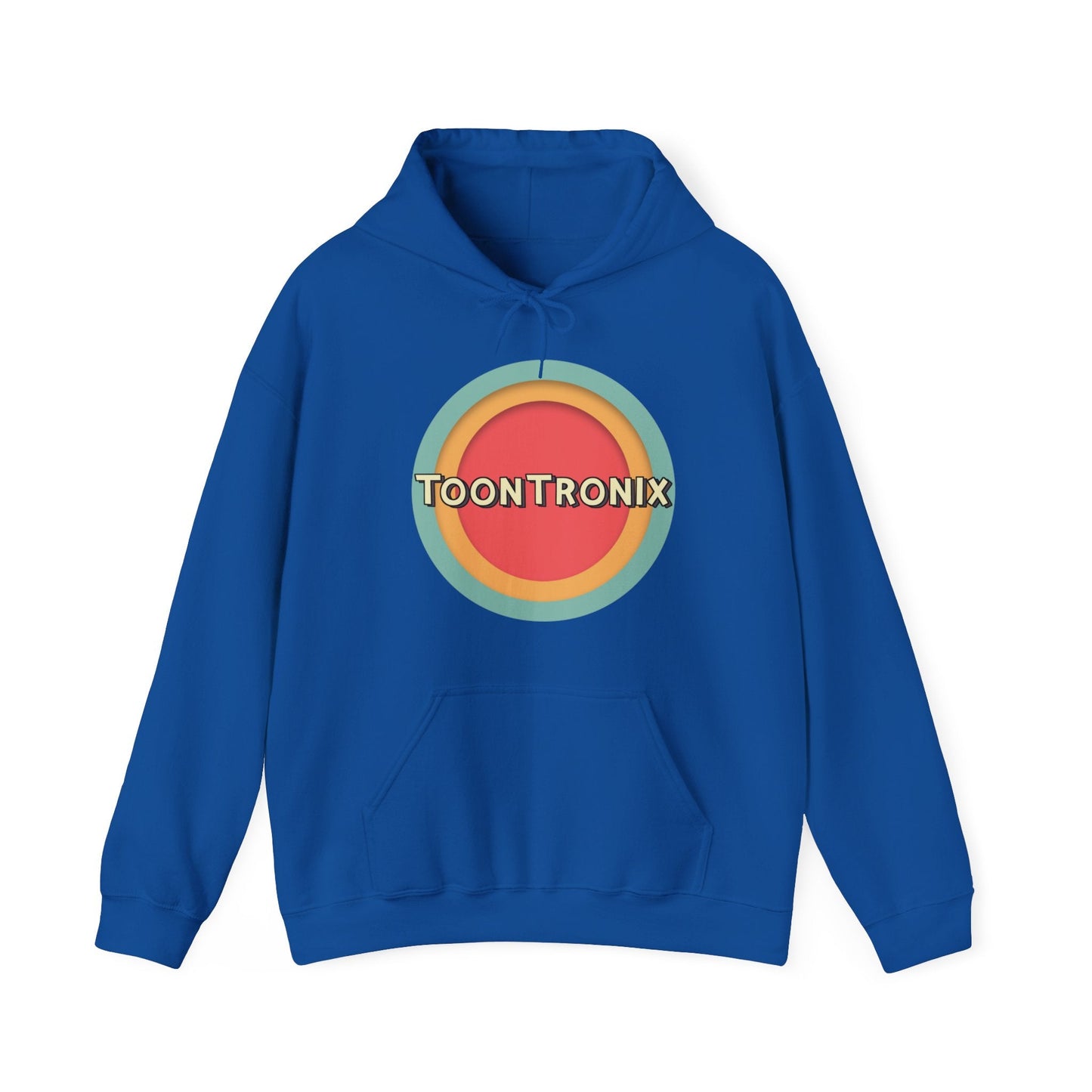 Toontronix Toons Logo Hoodie in blue with kangaroo pocket and drawstring hood.