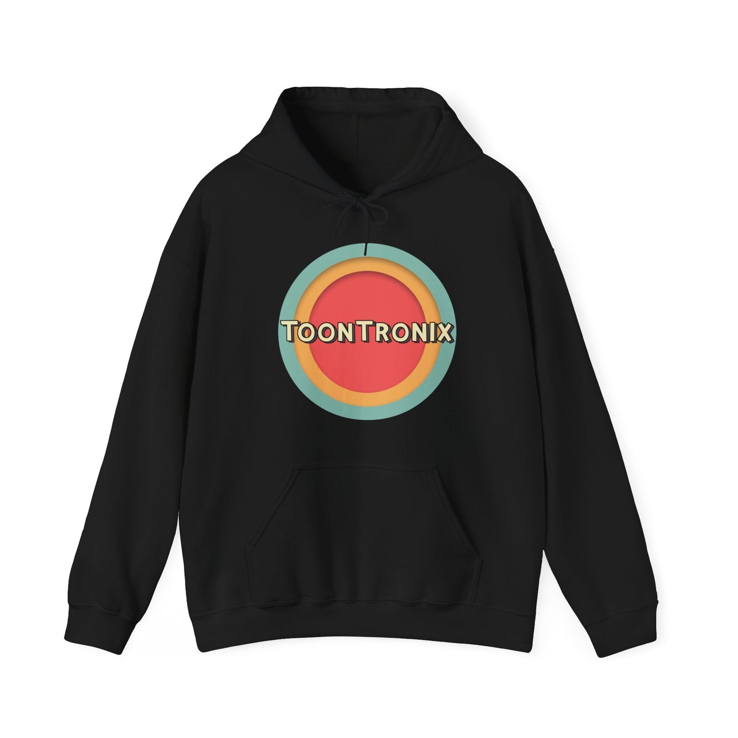 Unisex Toontronix Toons Logo Hoodie with kangaroo pocket and adjustable drawstring hood.