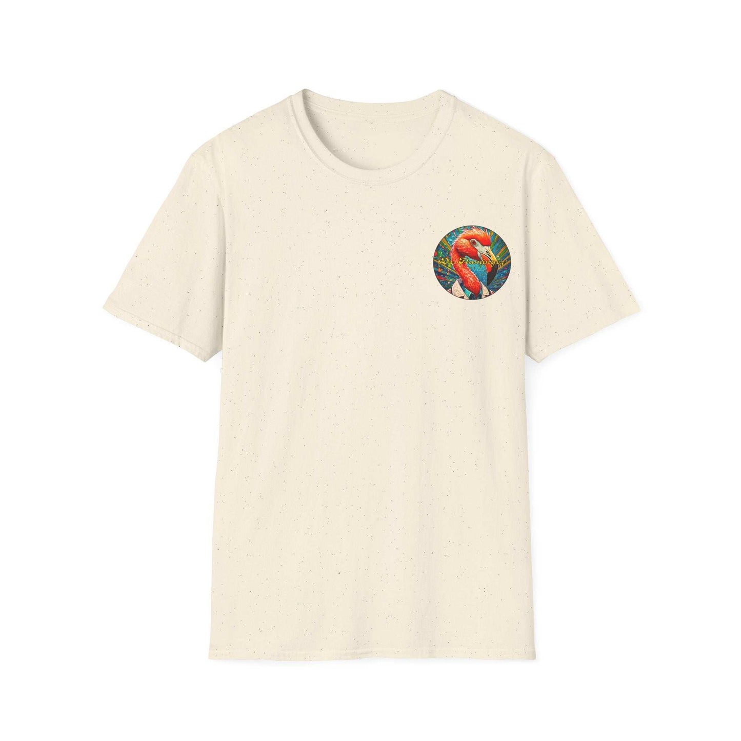 Vibrant Dr. Flamingoz unisex T-shirt featuring a tropical design with a classic fit and ribbed collar.
