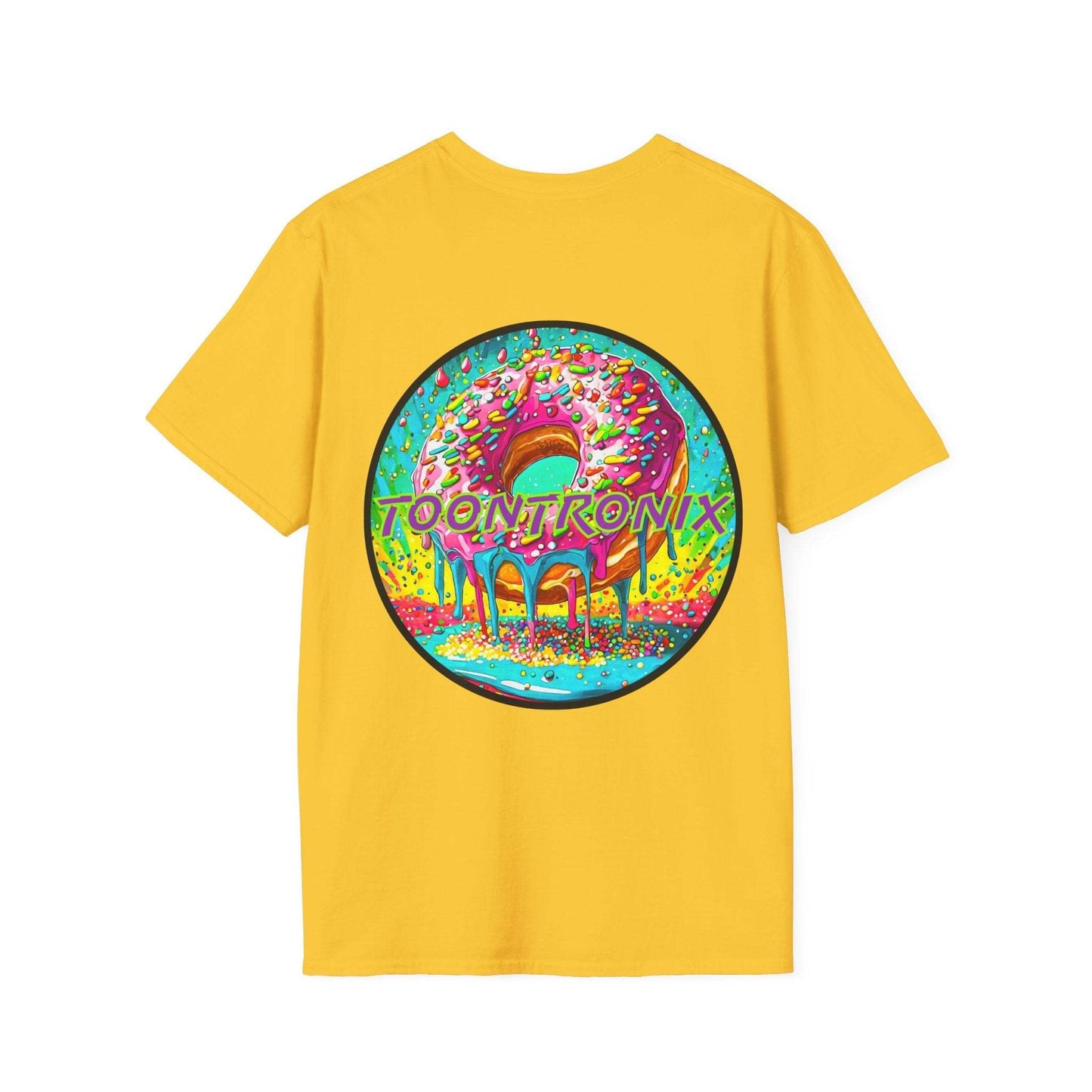 Toontronix Donut Tee in yellow with colorful donut design and Toontronix logo on back.