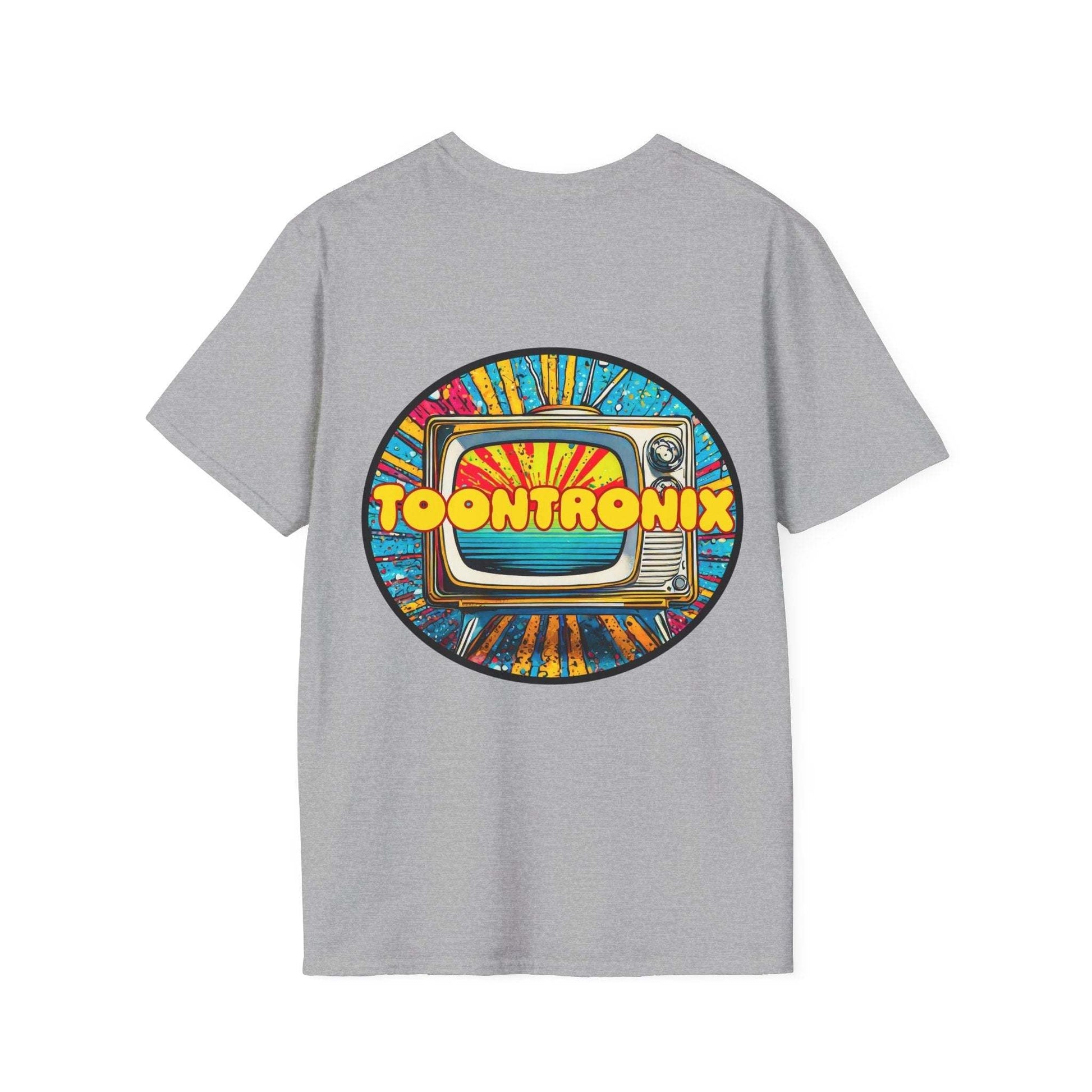Unisex gray Toontronix Tv Tee with a colorful, vintage TV print on the back.