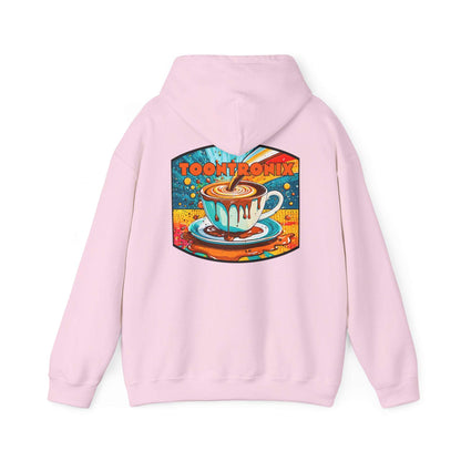 Unisex Toontronix Coffee Drip Hoodie with colorful coffee cup design on pink fabric.