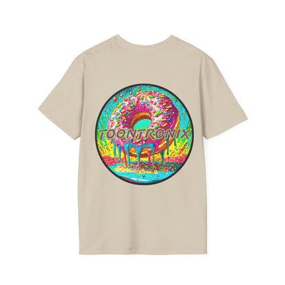 Toontronix Donut Tee with colorful donut design on beige background, unisex casual shirt.