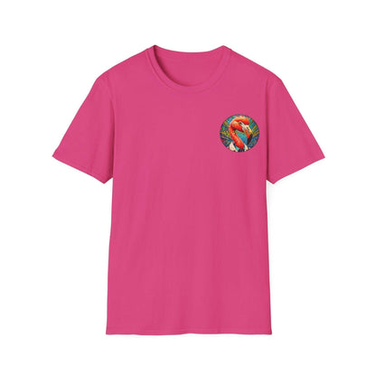 Vibrant Dr. Flamingoz unisex T-shirt featuring tropical design, ideal for casual summer and vacation wear.