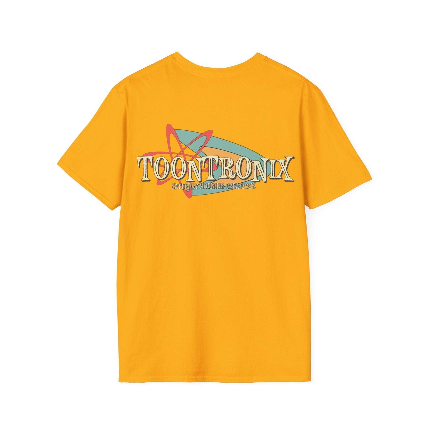 Toontronix Retro Logo Tee in yellow with animated-style logo on back.