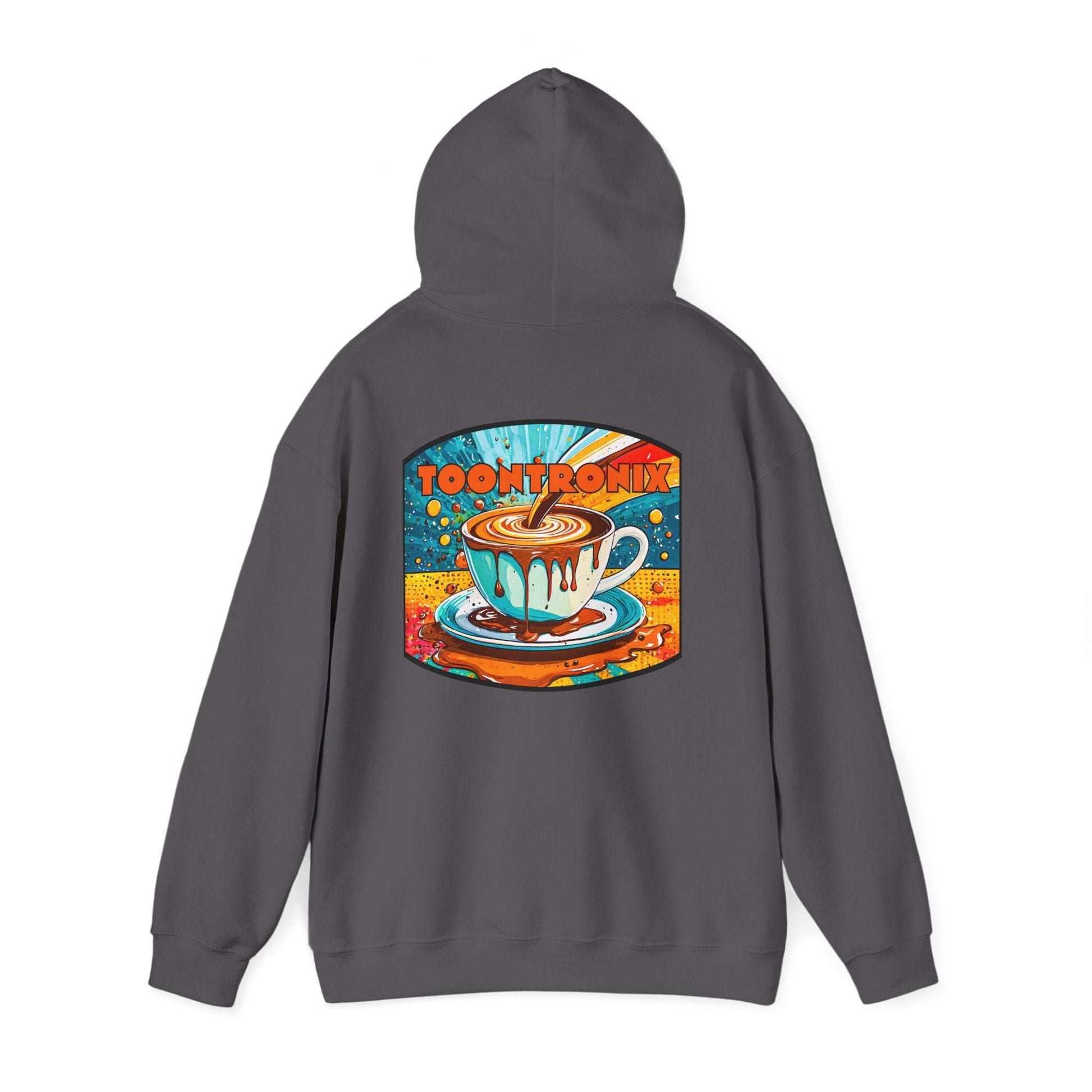 Toontronix Coffee Drip Hoodie with colorful coffee cup design on back, unisex heavy blend sweatshirt.