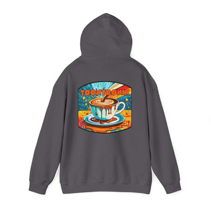 Toontronix Coffee Drip Hoodie with colorful coffee cup design on back, unisex heavy blend sweatshirt.