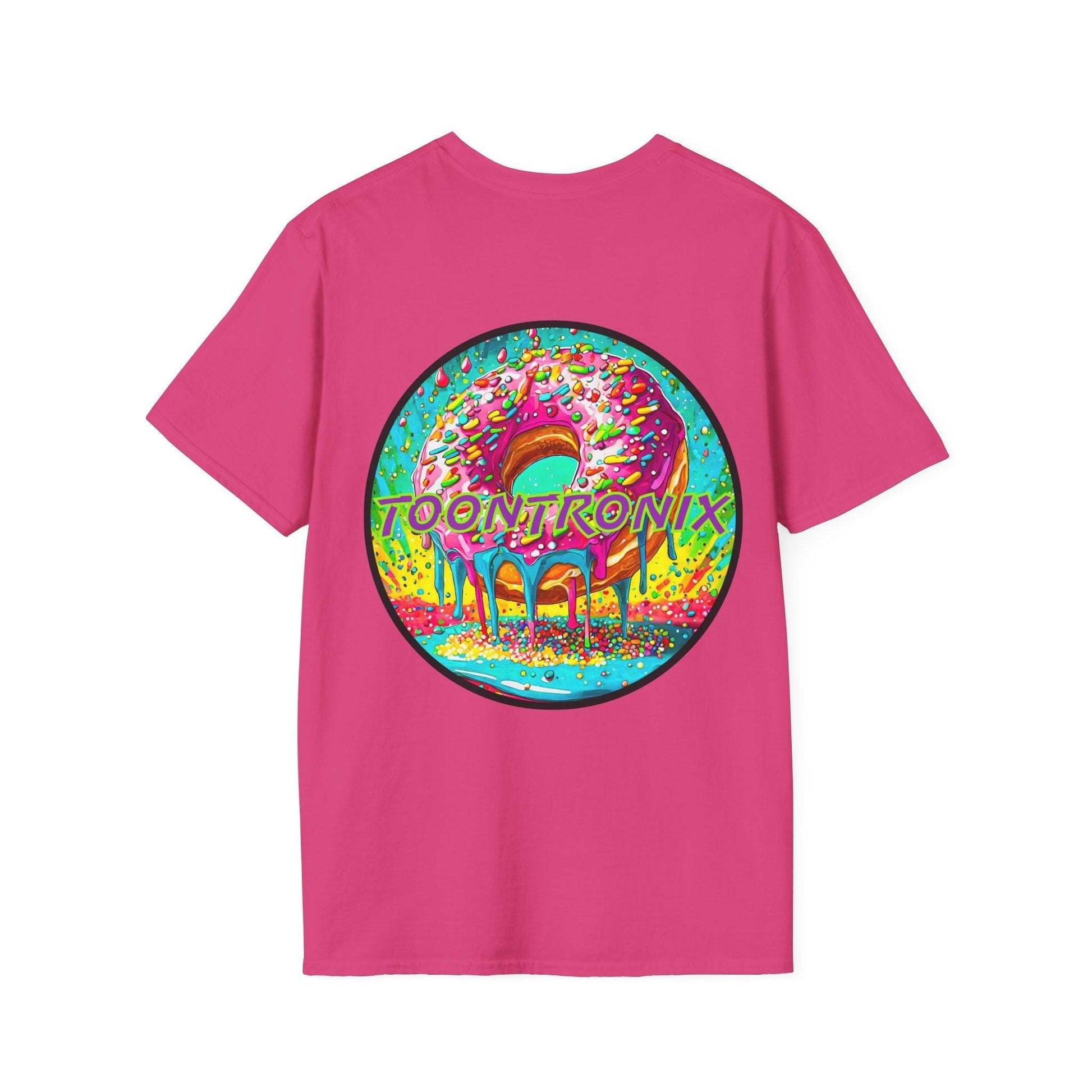 Pink Toontronix Donut Tee with colorful donut graphic, unisex fit, 100% cotton.