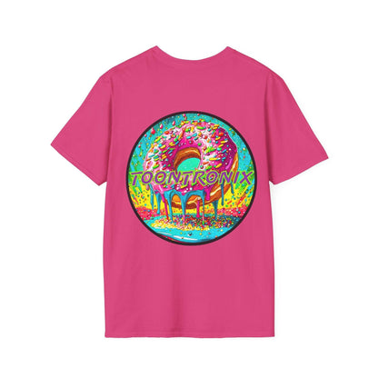 Pink Toontronix Donut Tee with colorful donut graphic, unisex fit, 100% cotton.