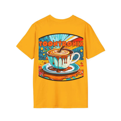 Toontronix Drip Coffee Tee with colorful coffee cup graphic on back.