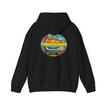 Unisex Toontronix Donut Hoodie with colorful TV graphic and adjustable hood.