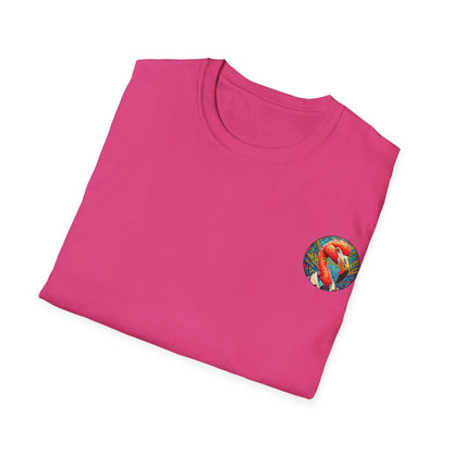 Vibrant flamingo t-shirt with classic fit and ribbed collar, featuring the Dr. Flamingoz design.