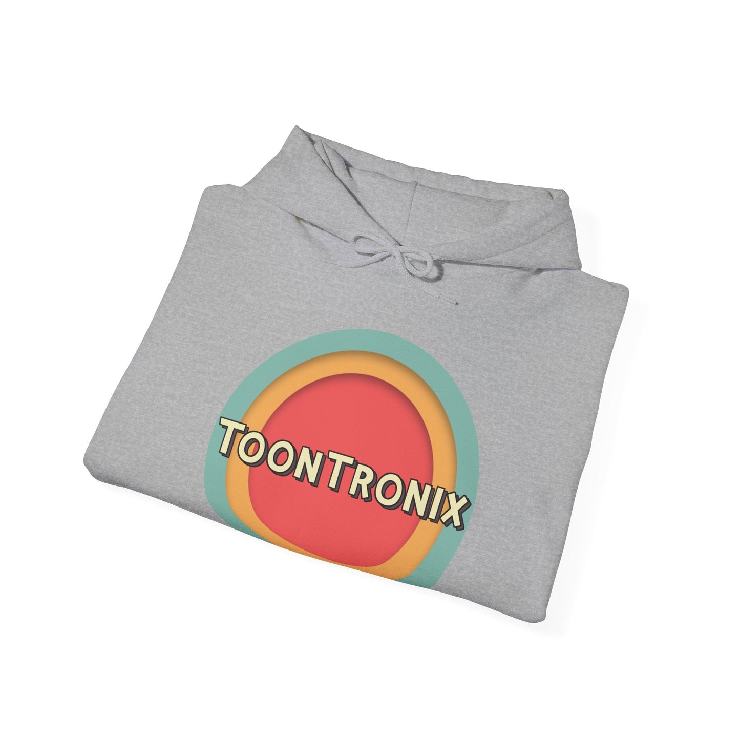 Toontronix Toons Logo Hoodie - Unisex Heavy Blend™ Sweatshirt in gray with colorful logo design.