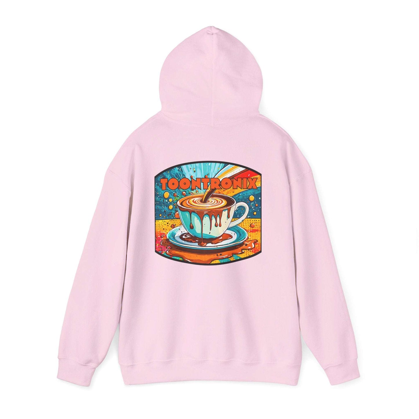 Unisex Toontronix Coffee Drip Hoodie with cozy kangaroo pocket and adjustable hood.