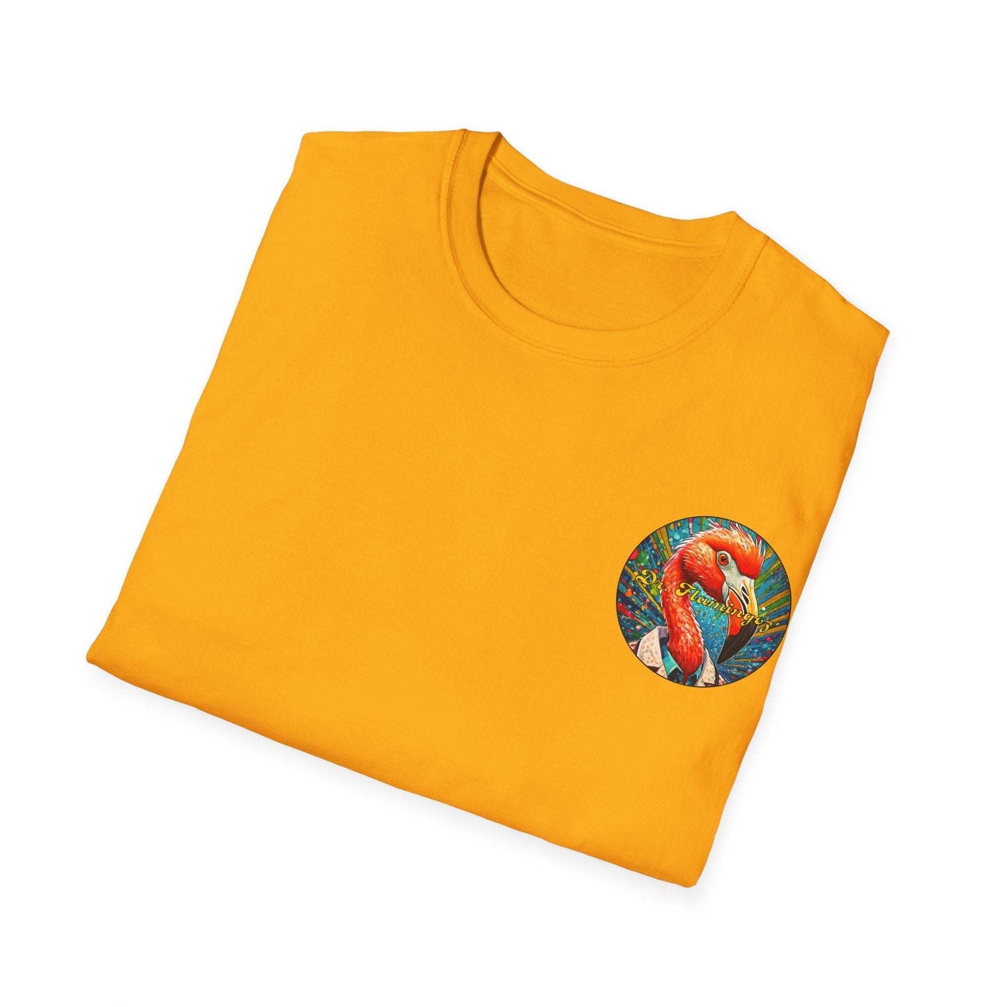 Vibrant Dr. Flamingoz unisex T-shirt with flamingo design, perfect for summer beachwear and fun casual outings.