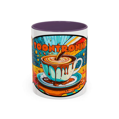 Vibrant coffee mug with colorful retro art design, perfect for coffee lovers, features colorful ceramic and unique kitchen decor.