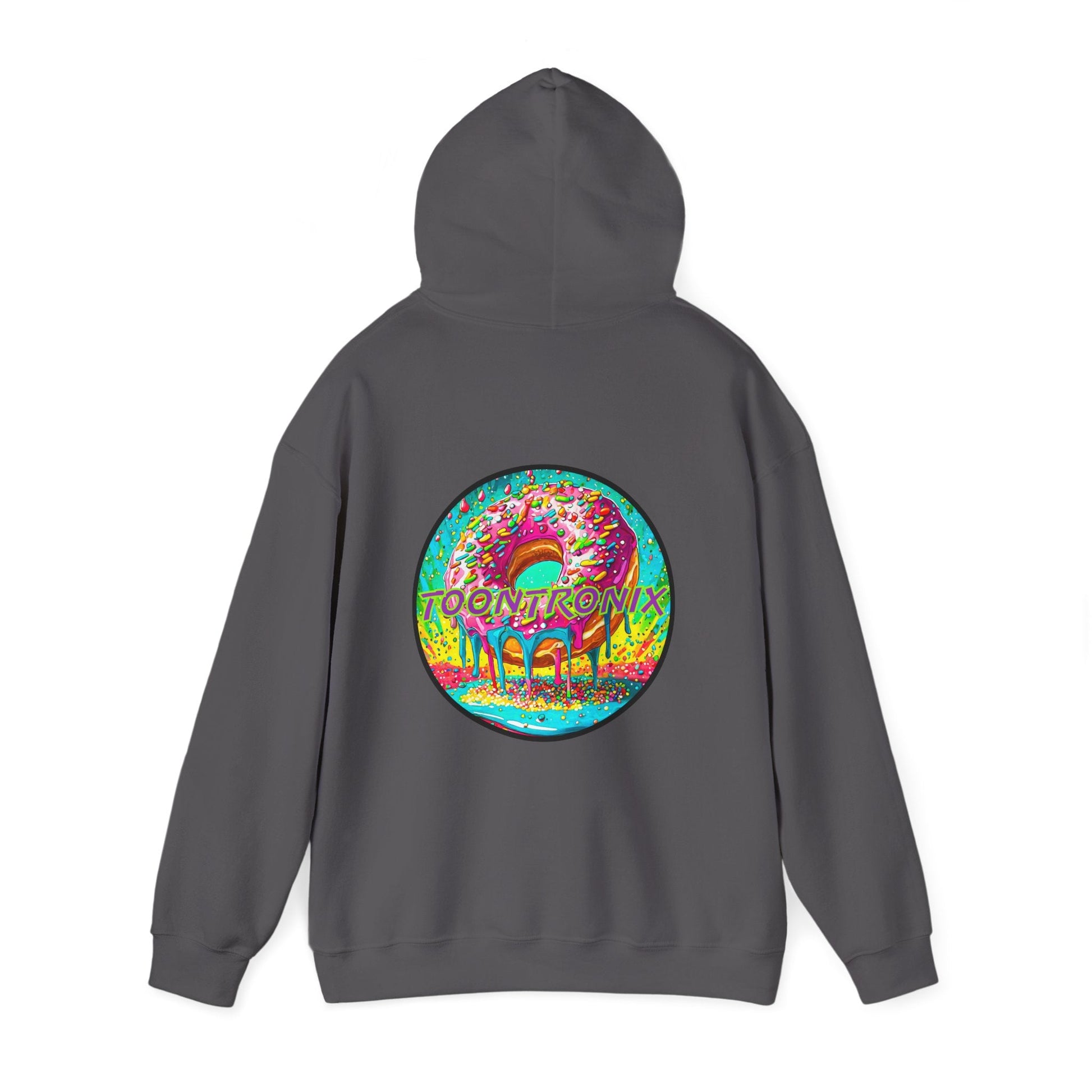 Unisex Toontronix Donut Hoodie with vibrant back design, cozy fit, kangaroo pocket, and adjustable hood.