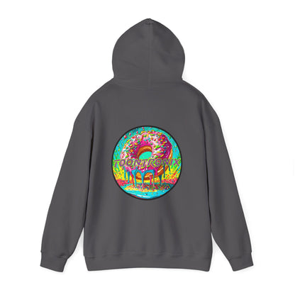 Unisex Toontronix Donut Hoodie with vibrant back design, cozy fit, kangaroo pocket, and adjustable hood.