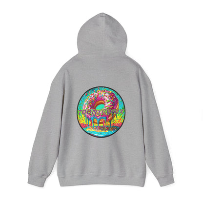 Unisex Toontronix Donut Hoodie with vibrant back print on gray fabric.