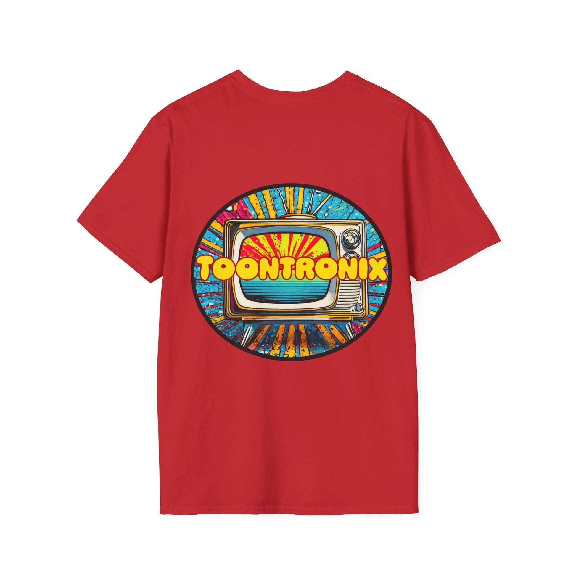 Red Toontronix Tv Tee with retro TV graphic, unisex, 100% cotton.