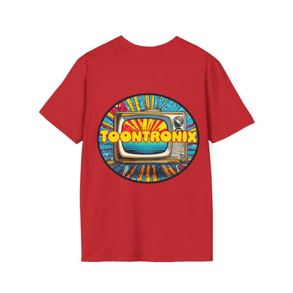 Red Toontronix Tv Tee with retro TV graphic, unisex, 100% cotton.