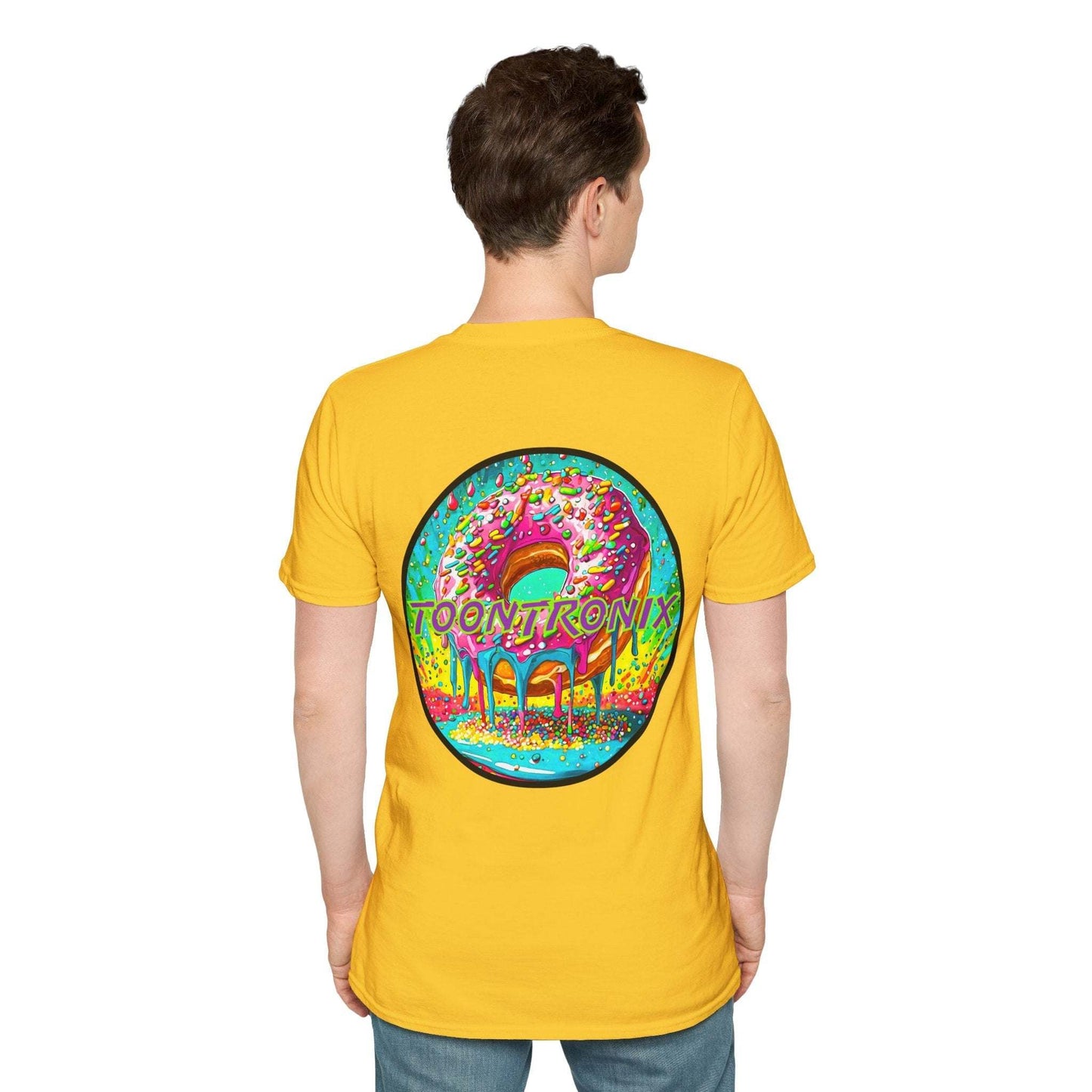 Unisex Toontronix Donut Tee with colorful animated donut design on the back.