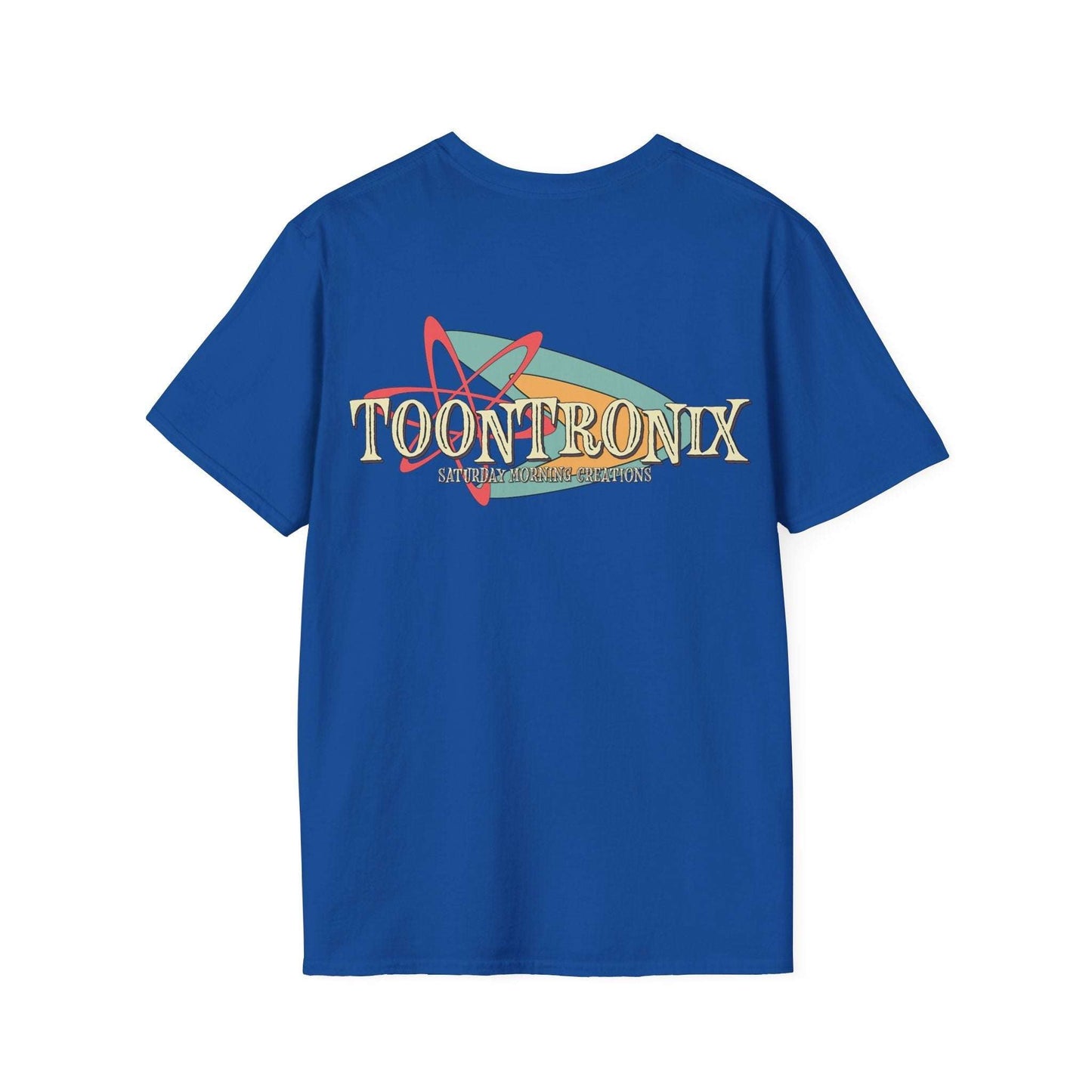 Toontronix Retro Logo Tee Unisex Shirt in blue with classic fit and ribbed collar, featuring a colorful retro logo on the back.