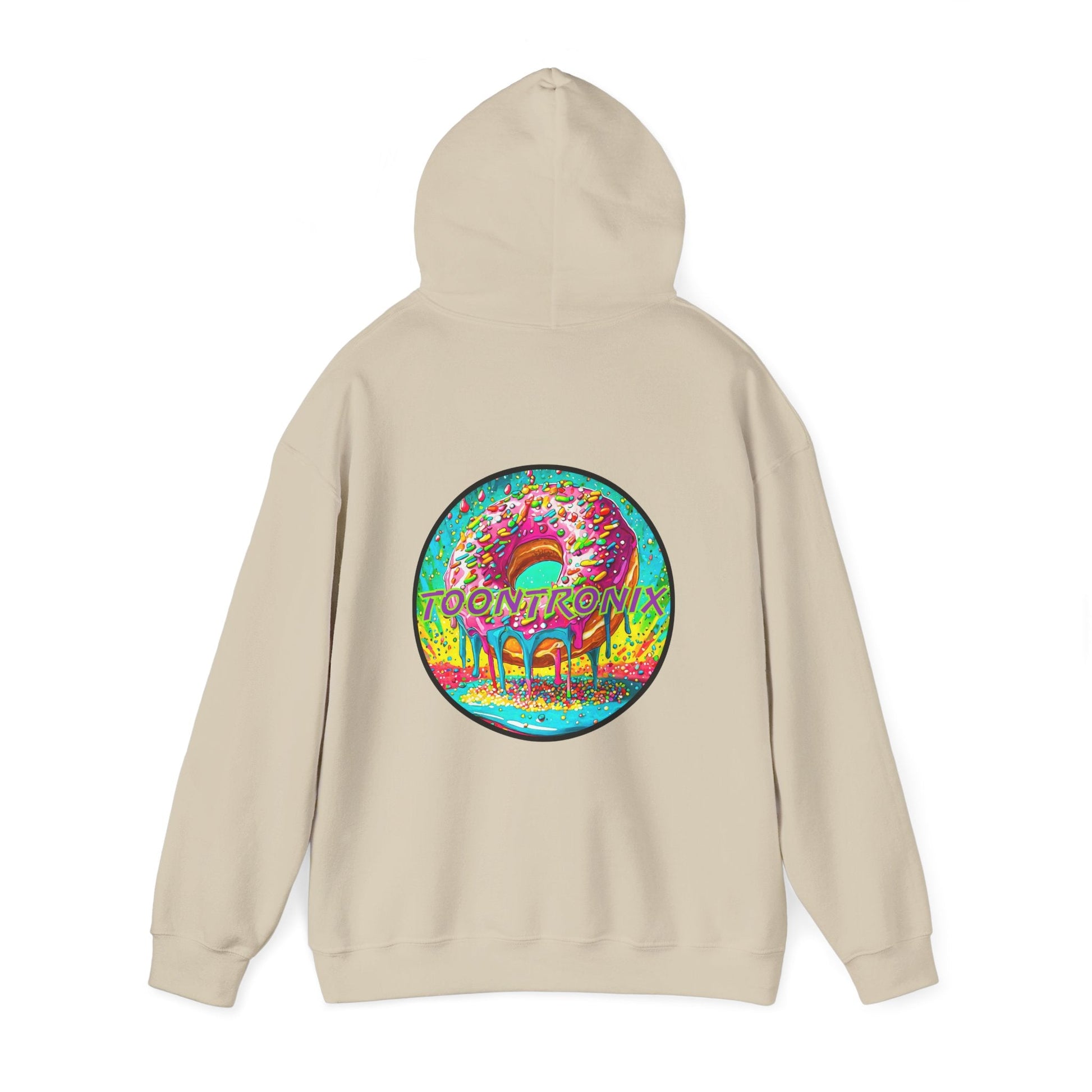 Unisex Toontronix Donut Hoodie with vibrant back print and adjustable hood.