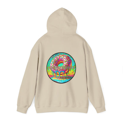 Unisex Toontronix Donut Hoodie with vibrant back print and adjustable hood.