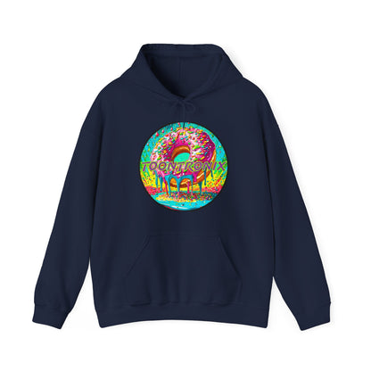 Unisex heavy blend sweatshirt with Toontronix donut design, featuring a kangaroo pocket and adjustable drawstring hood.