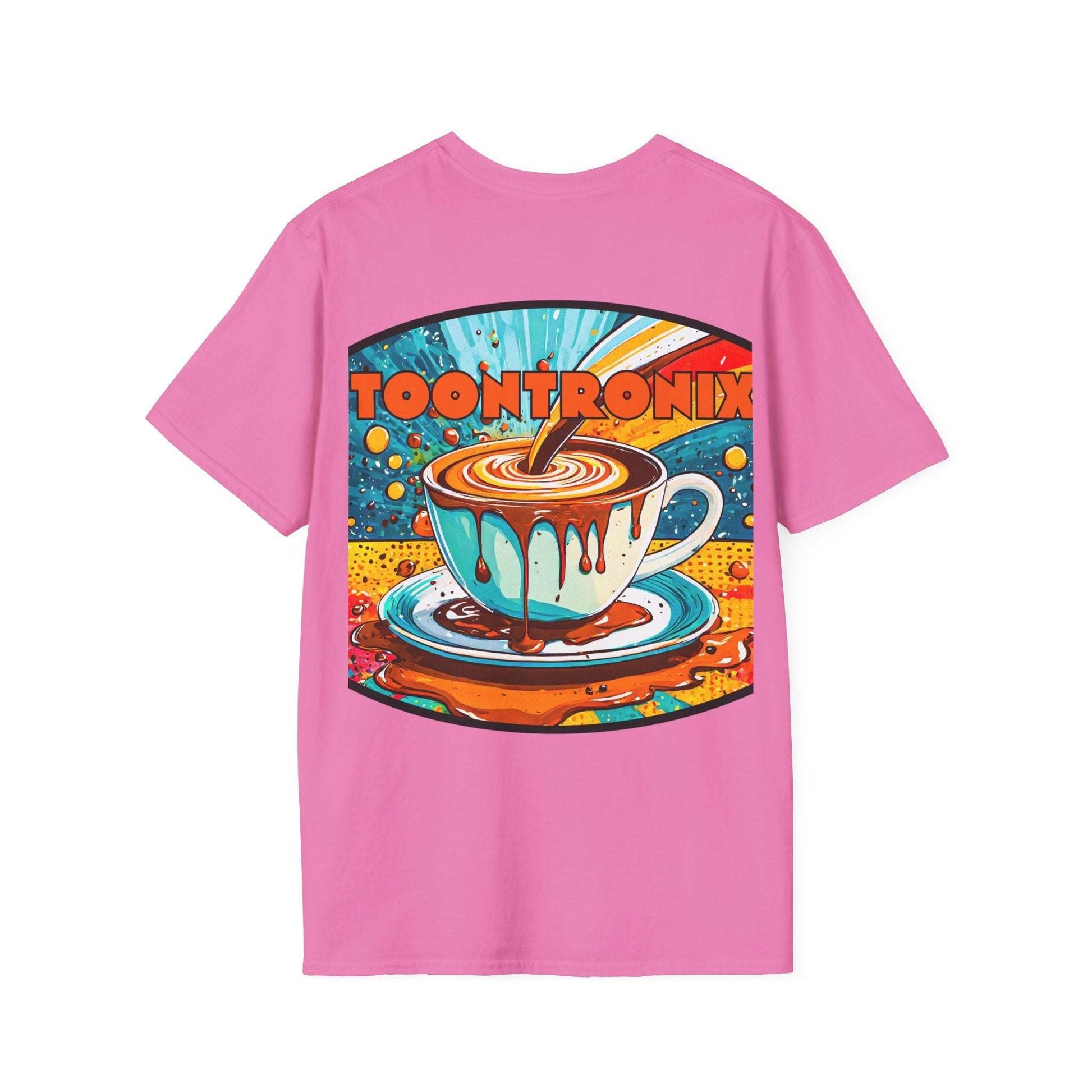 Unisex Toontronix Drip Coffee Tee with vibrant animated coffee cup design.