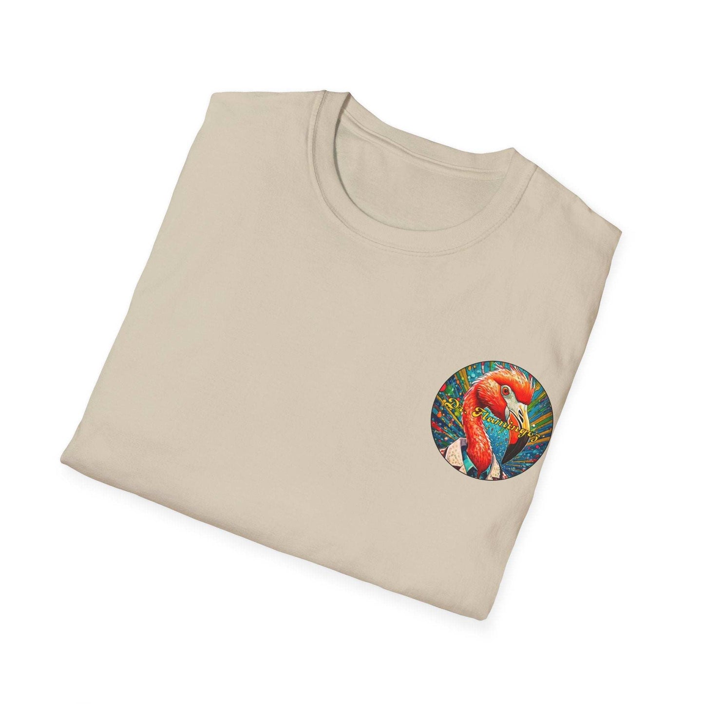 Vibrant Dr. Flamingoz unisex T-shirt with tropical flamingo design, summer beachwear.