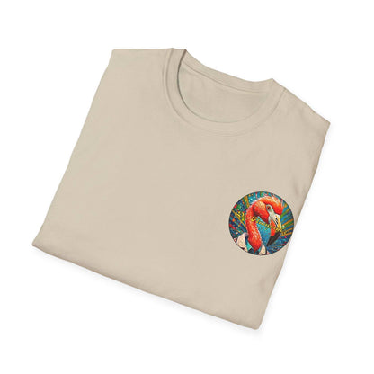 Vibrant Dr. Flamingoz unisex T-shirt with tropical flamingo design, summer beachwear.