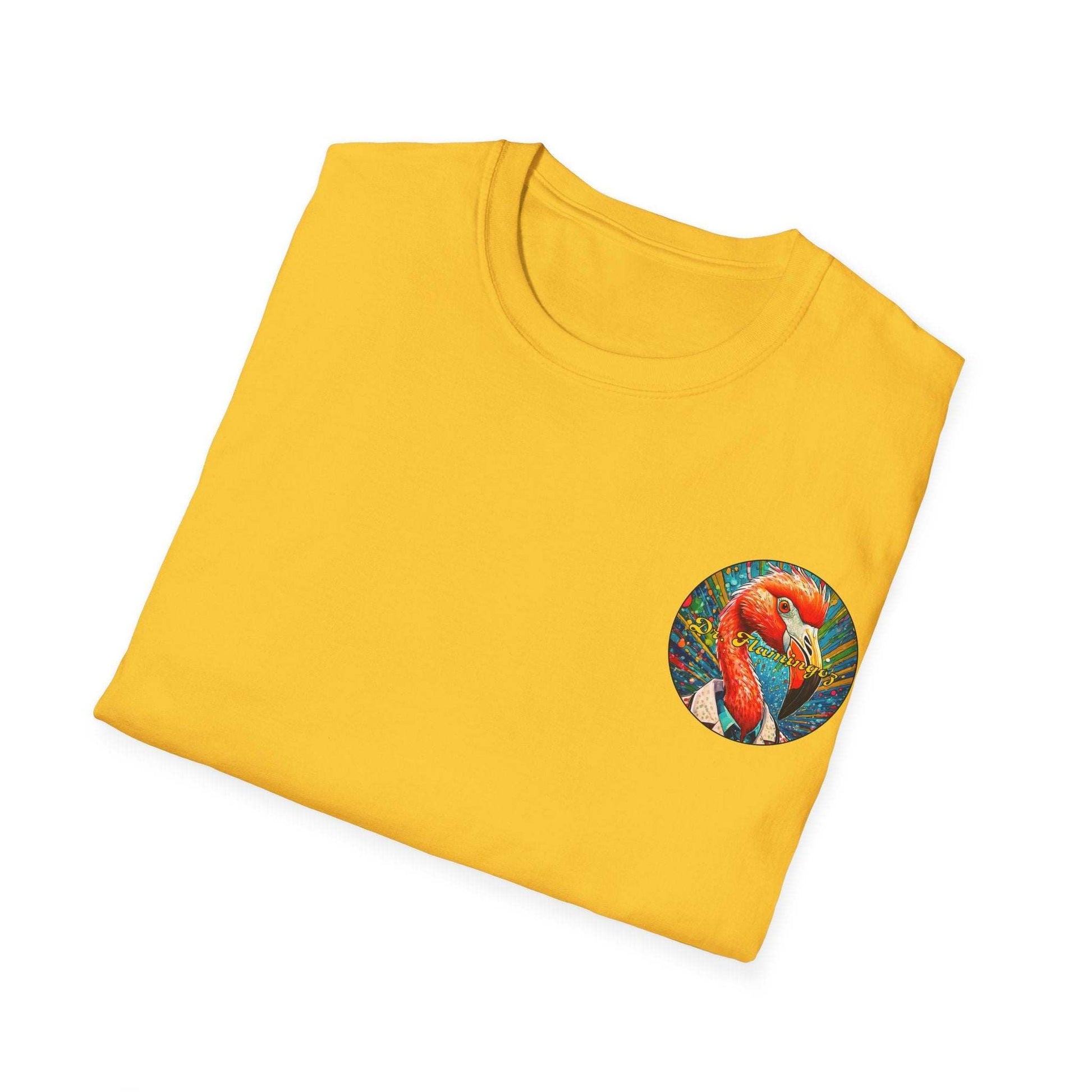 Vibrant yellow Dr. Flamingoz unisex t-shirt with colorful flamingo graphic, perfect for summer and casual wear.
