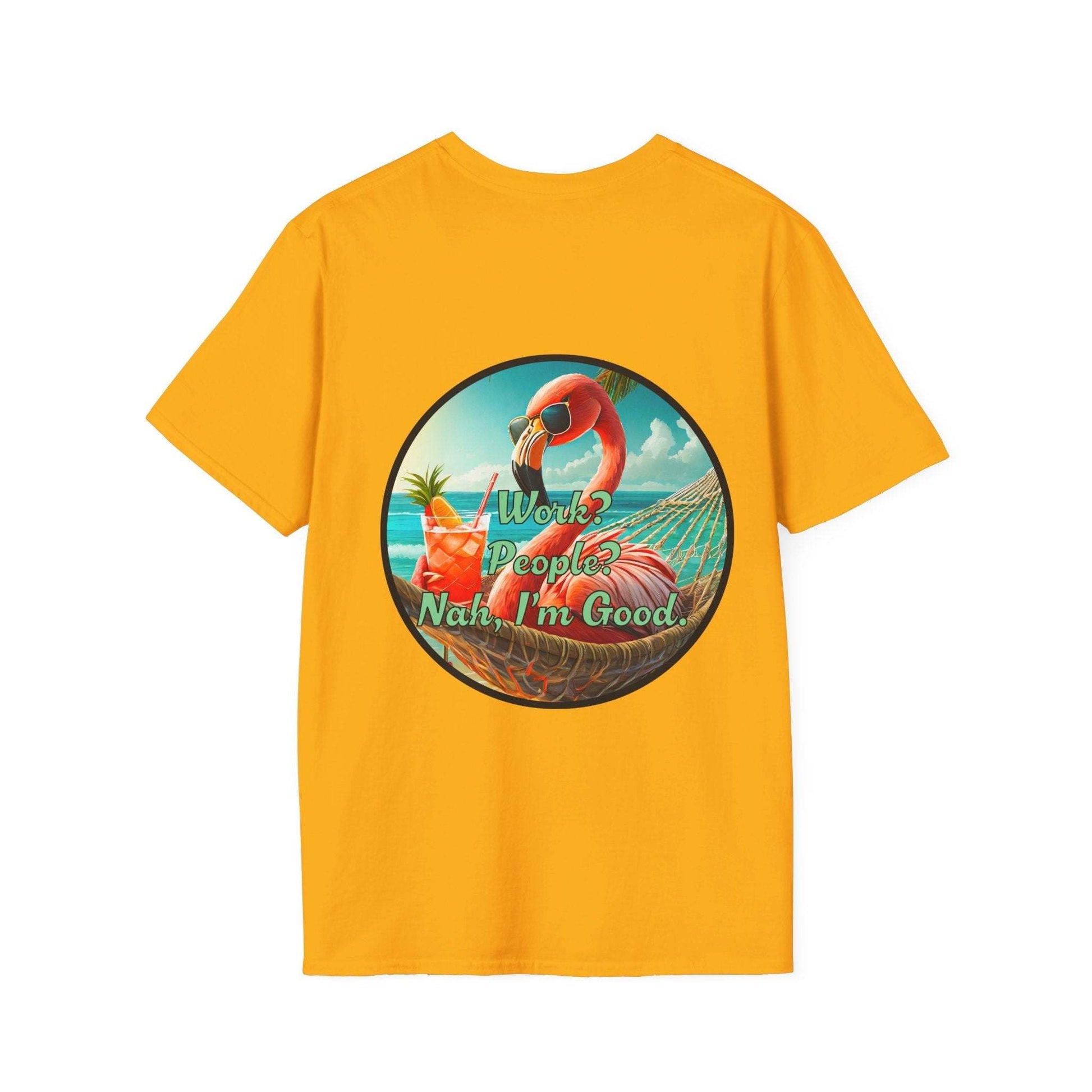 Vibrant Dr. Flamingoz unisex t-shirt with tropical design and "Work, People? Nah I'm Good" text, perfect for summer and vacation wear.