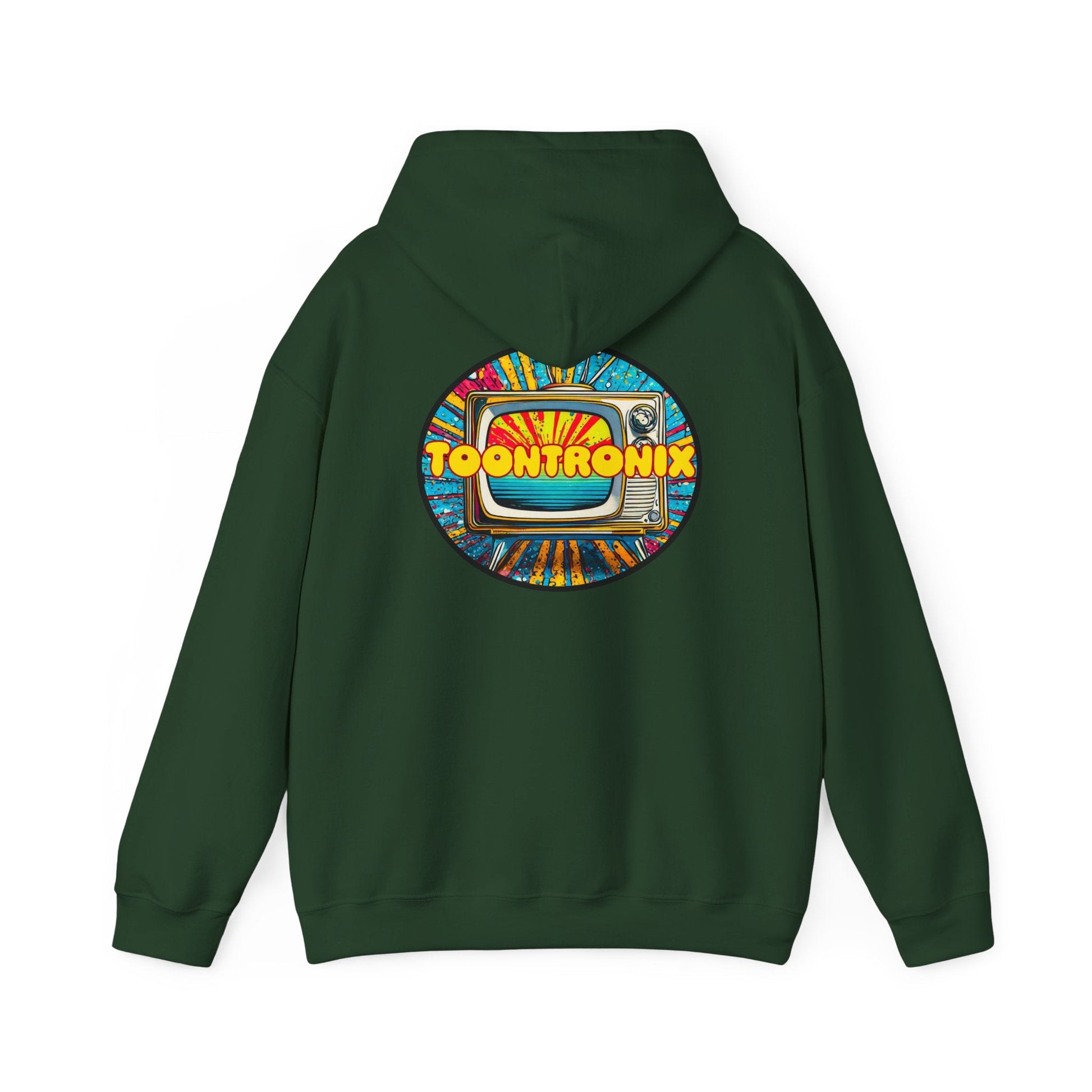 Unisex Toontronix TV Hoodie with colorful graphic and adjustable drawstring hood.