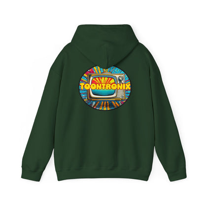 Unisex Toontronix TV Hoodie with colorful graphic and adjustable drawstring hood.