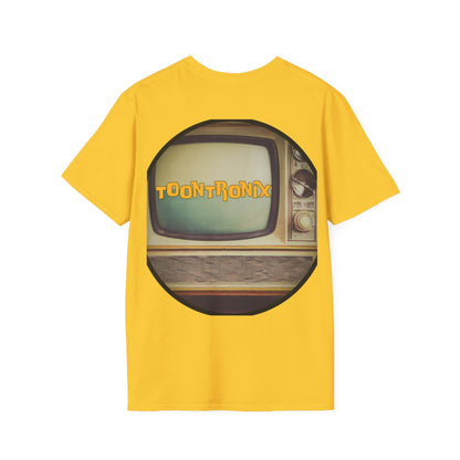 Yellow Toontronix Atomic Tv Tee featuring a vintage cartoon TV design.