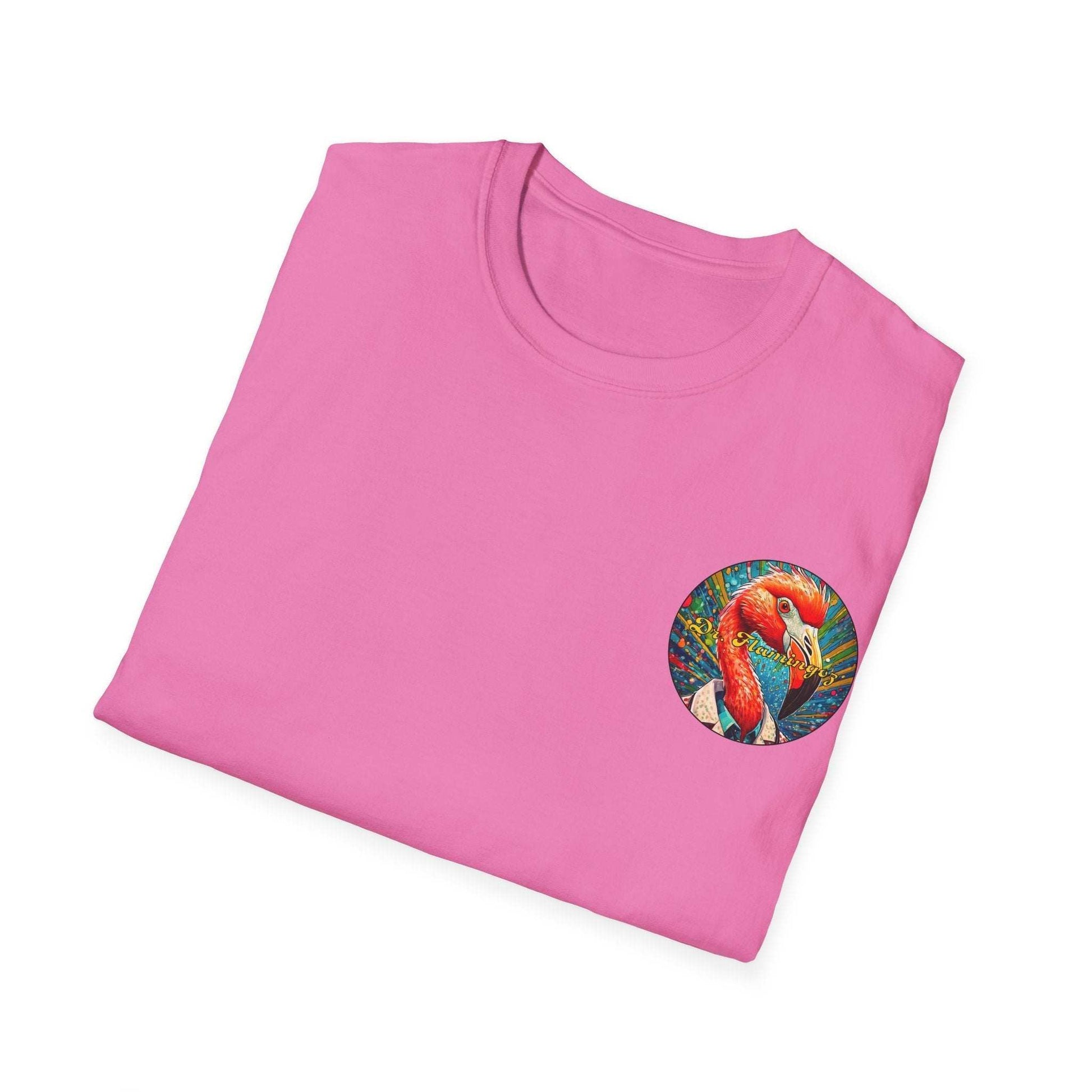Vibrant Dr. Flamingoz unisex T-shirt, pink with flamingo design, tropical beachwear, vacation essentials.